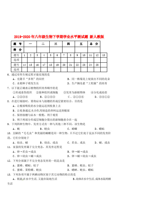 2019-2020年八年级生物下学期学业水平测试题 新人教版