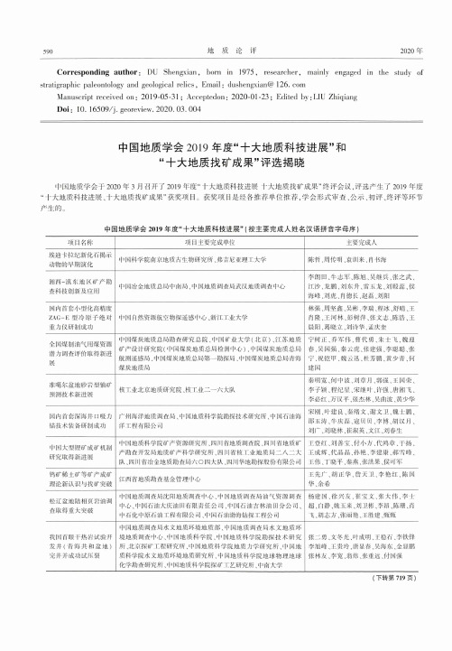 中国地质学会2019年度“十大地质科技进展”和“十大地质找矿成果”评选揭晓