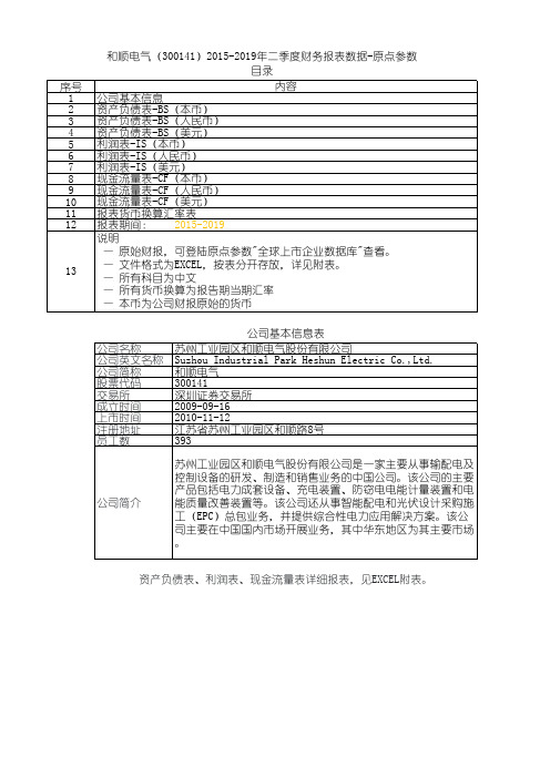 和顺电气(300141)2015-2019年二季度财务报表数据-原点参数