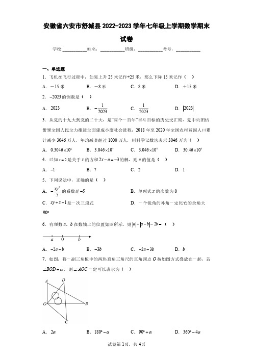 安徽省六安市舒城县2022-2023学年七年级上学期数学期末试卷(含答案解析)