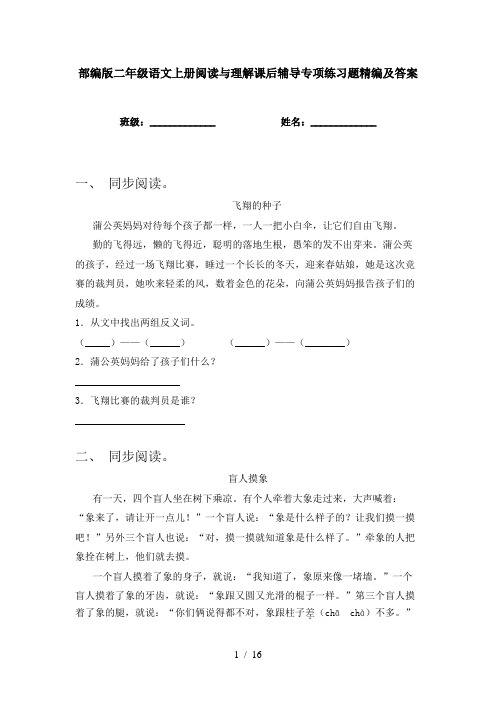 部编版二年级语文上册阅读与理解课后辅导专项练习题精编及答案