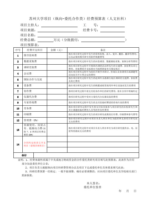 苏州大学横向项目经费预算表人文社科类