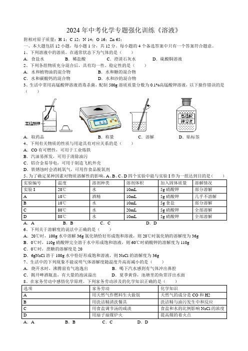 2024年中考化学专题强化训练溶液