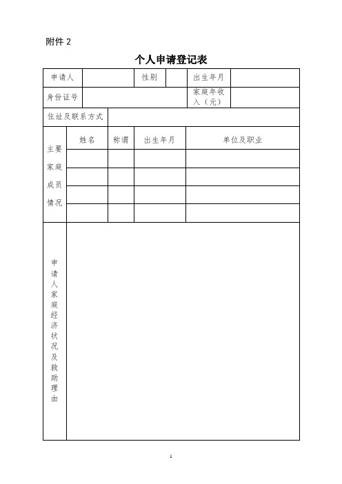 个人申请登记表(特困大学生申请补助)