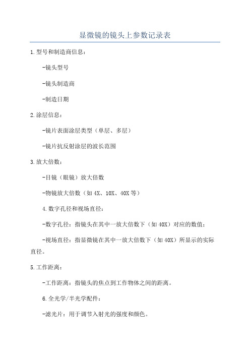 显微镜的镜头上参数记录表