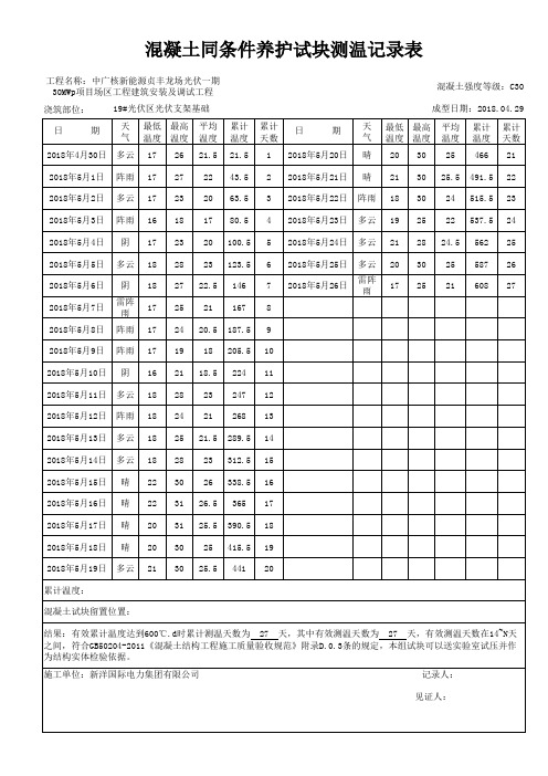 混凝土试块同条件养护温度记录表