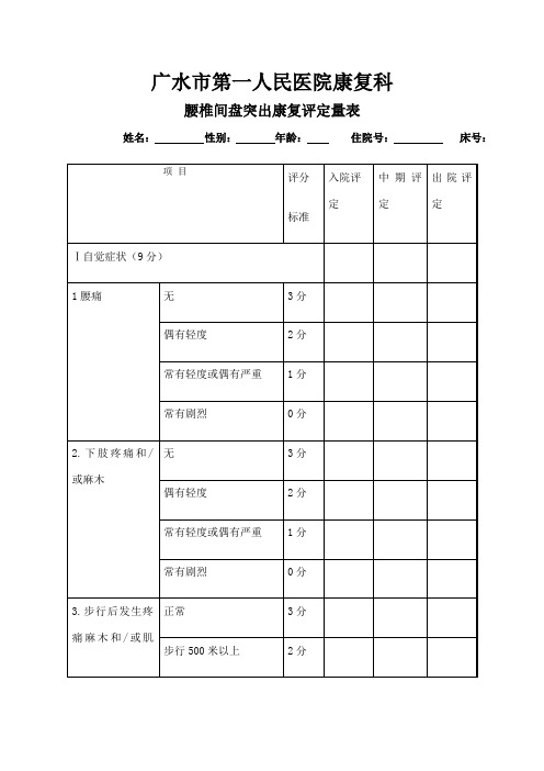 腰椎间盘突出症康复评定表