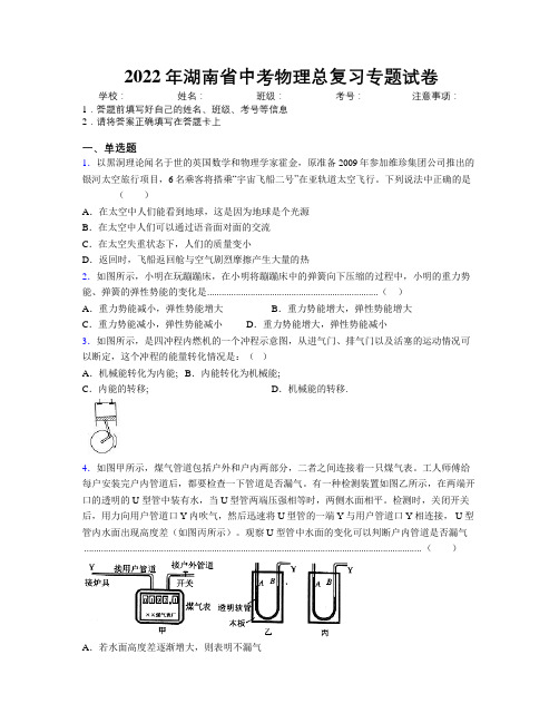 2022年湖南省中考物理总复习专题试卷附解析