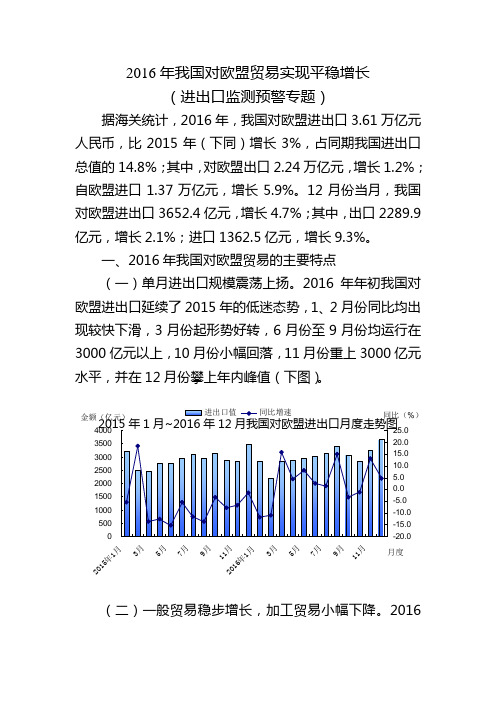 2016年我国对欧盟贸易实现平稳增长