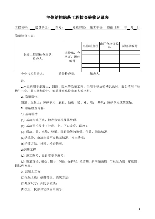 主体结构隐蔽工程检查验收记录表