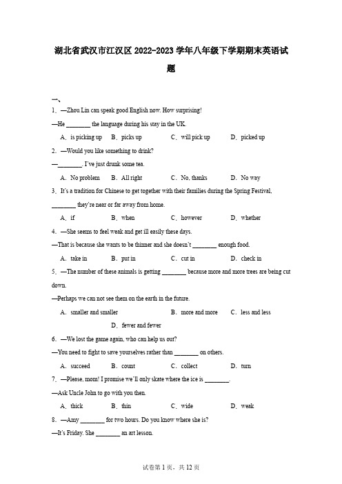 湖北省武汉市江汉区2022-2023学年八年级下学期期末英语试题
