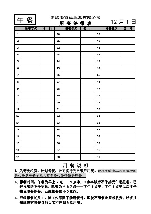 用餐登记表