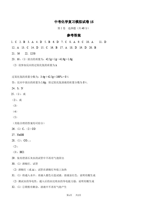 中考化学复习模拟试题15