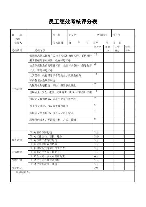 建筑公司项目部安全员绩效考核评分表(标准版)