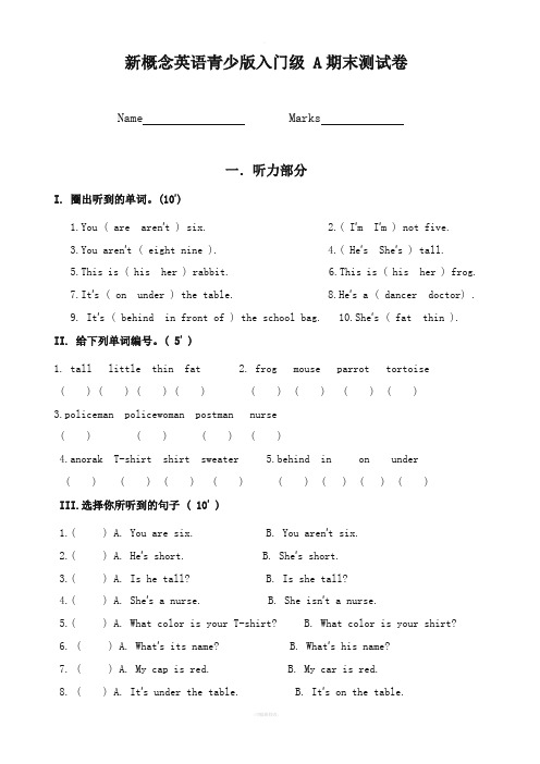 新概念英语青少版入门级A期末测试卷