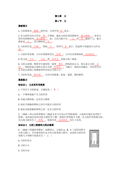 人教版八年级物理下册第七章7.1  力  知识点和课堂练习