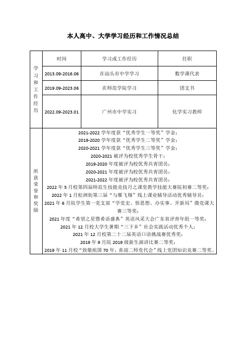 本人高中、大学学习经历和工作情况总结