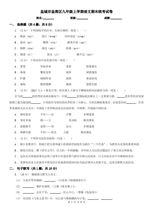 盐城市盐都区九年级上学期语文期末统考试卷