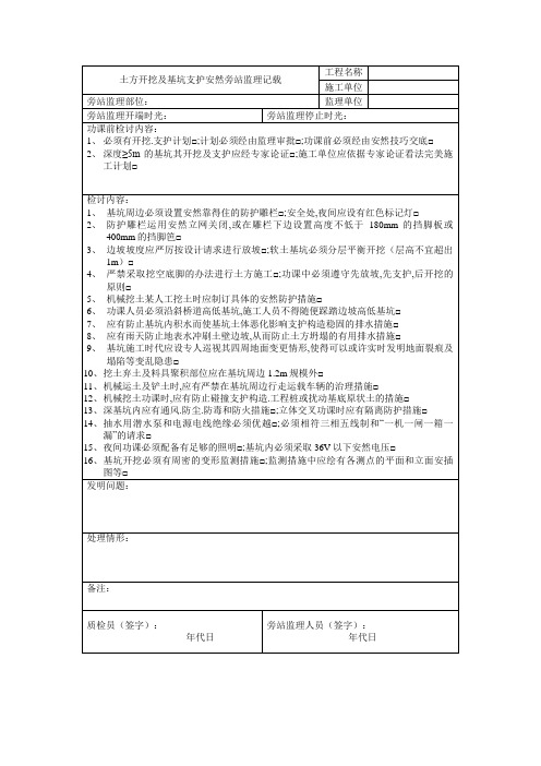 土方开挖及基坑支护安全监理旁站记录