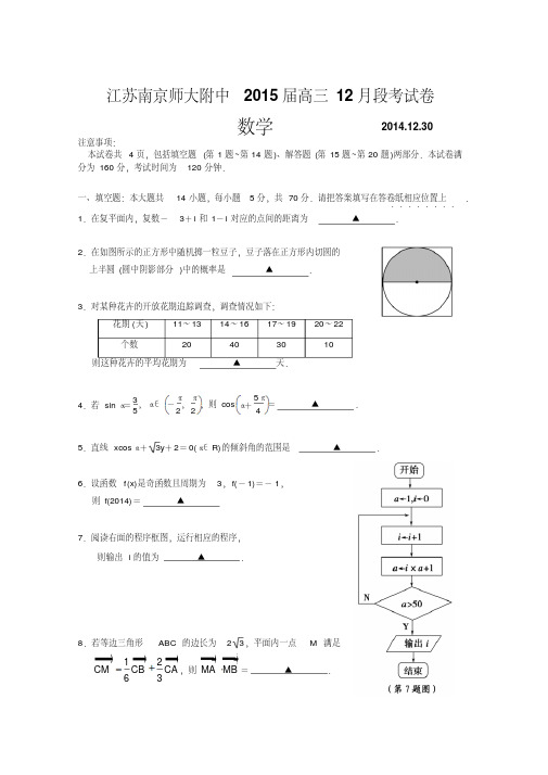 江苏省南京师大附中2015届高三12月月考数学试题苏教版