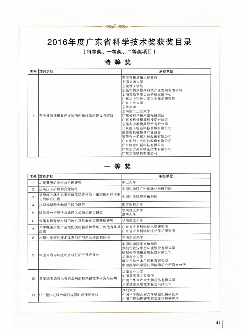 2016年度广东省科学技术奖获奖目录(特等奖、一等奖、二等奖项目)