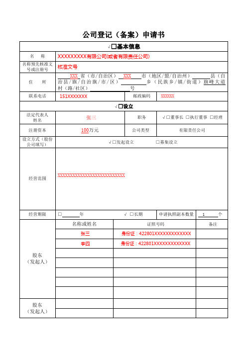 公司登记(备案)申请书-填写示例