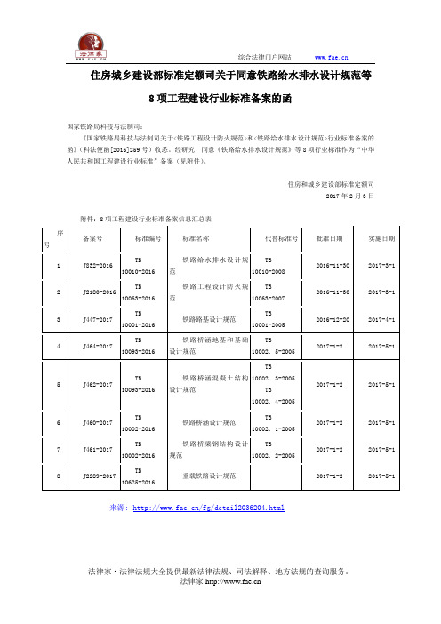 住房城乡建设部标准定额司关于同意铁路给水排水设计规范等8项工程建设行业标准备案的函-国家规范性文件