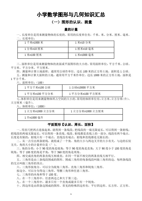 小学数学图形与几何知识汇总(供毕业和小升初复习使用)