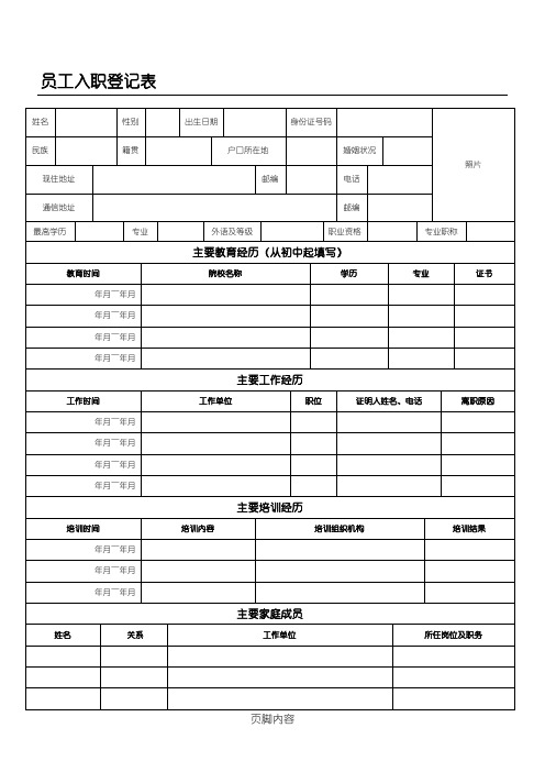 员工入职登记表格模板(正式表格模板)