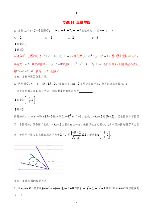 2017年高考数学第02期小题精练系列专题14直线与圆理含解析