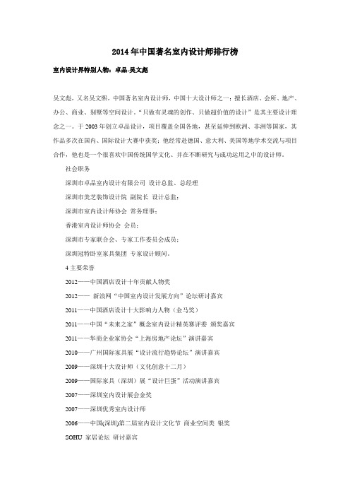 2014年中国著名室内设计师排行榜