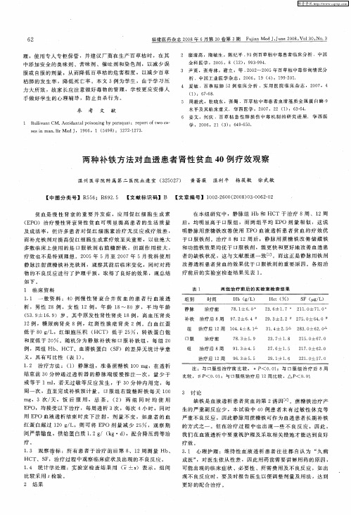 两种补铁方法对血透患者肾性贫血40例疗效观察