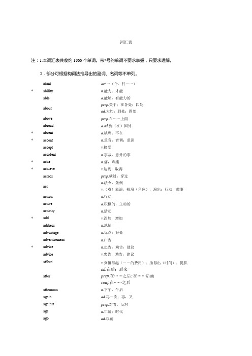 河北英语中考考试说明词汇