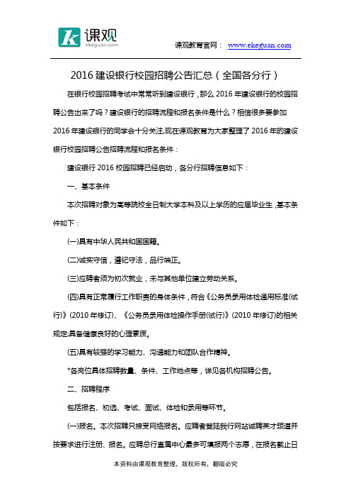 2016建设银行校园招聘公告汇总【全国各分行】