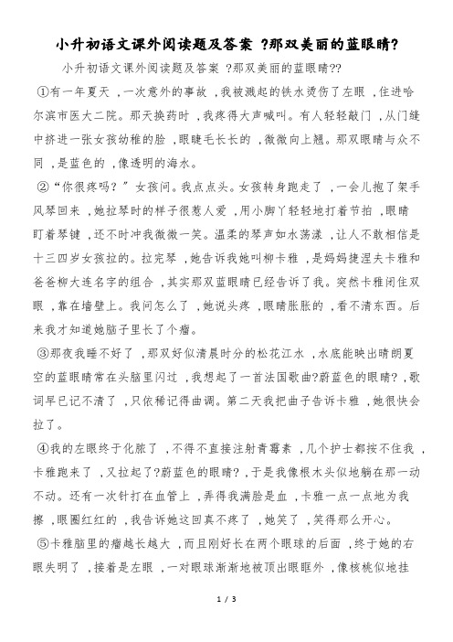 小升初语文课外阅读题及答案 《那双美丽的蓝眼睛》