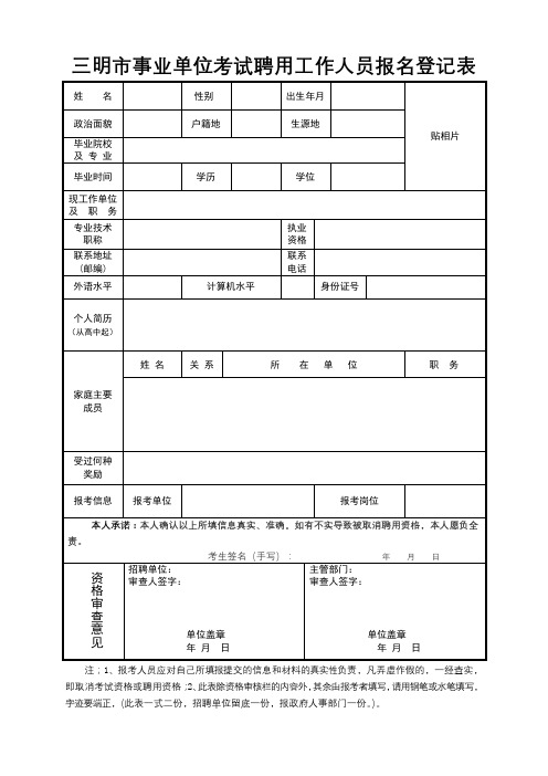 三明市事业单位考试聘用工作人员报名登记表【模板】