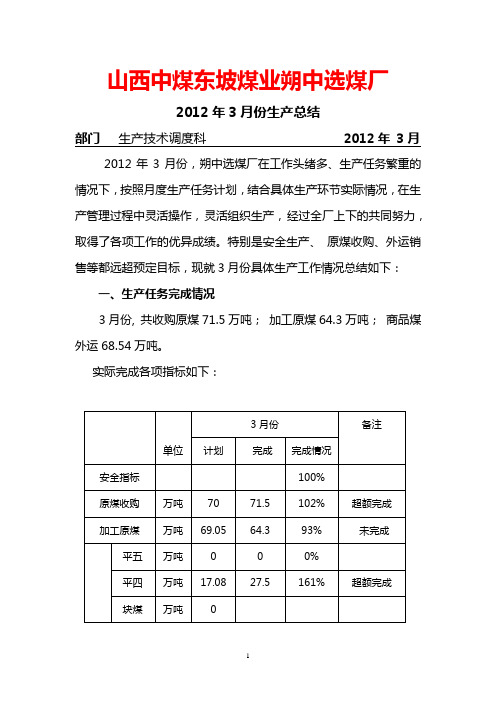 12年生产部3月份工作总结