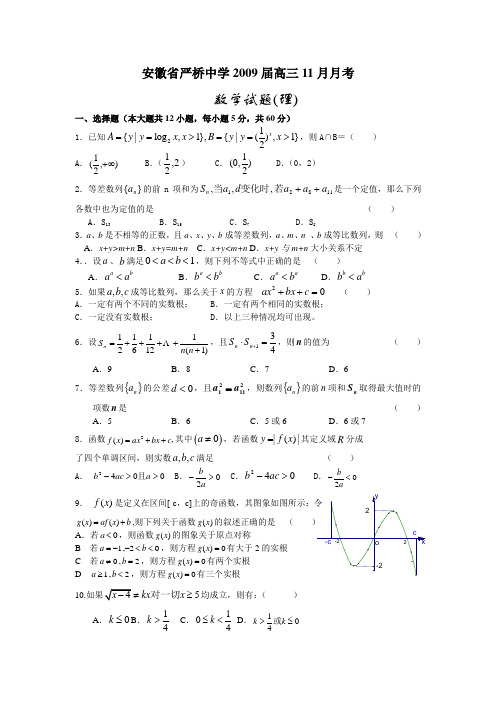 安徽省严桥中学高三数学11月月考试题理科