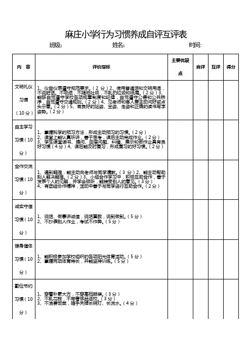 麻庄小学行为习惯养成自评互评表