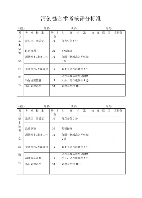 清创缝合术考核评分标准