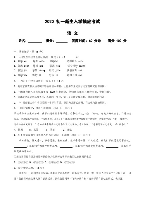 六年级下册语文试题-2020初一新生入学摸底考试(三)(含答案解析)全国通用