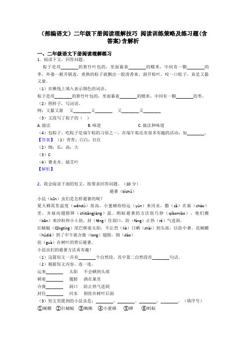 二年级(部编语文)二年级下册阅读理解技巧 阅读训练策略及练习题(含答案)含解析