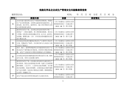 危险化学品企业试生产安全风险隐患排查表