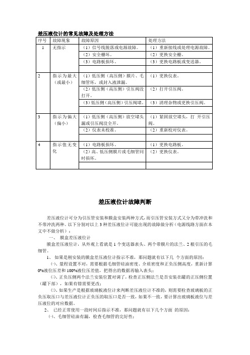 差压液位计故障判断及处理