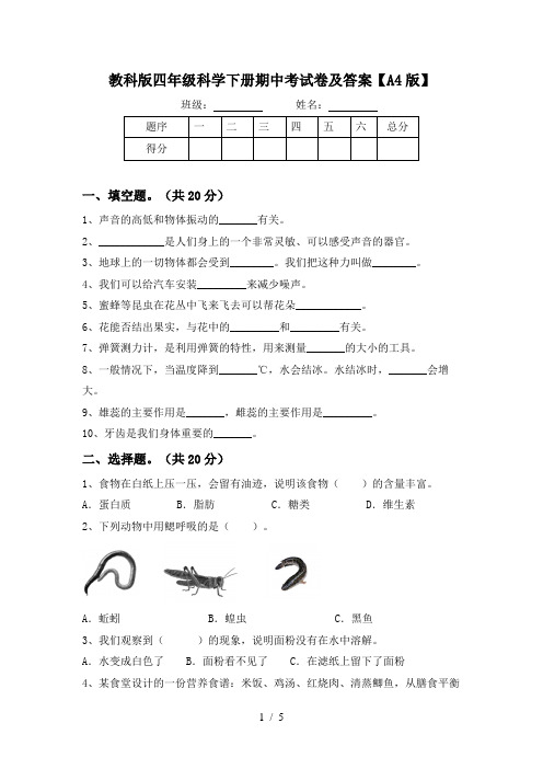 教科版四年级科学下册期中考试卷及答案【A4版】