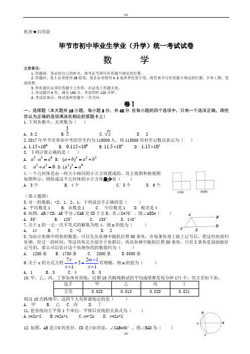 2020届贵州省毕节市中考数学模拟试卷有答案(Word版)(加精)