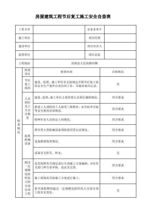 房屋建筑工程节后复工安全自查表