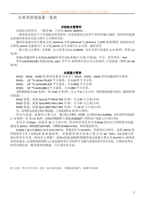 最新资料自来水管道流量一览表-市政管道流量