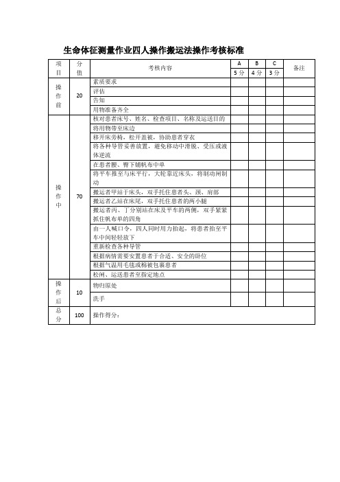 生命体征测量作业四人操作搬运法操作考核标准