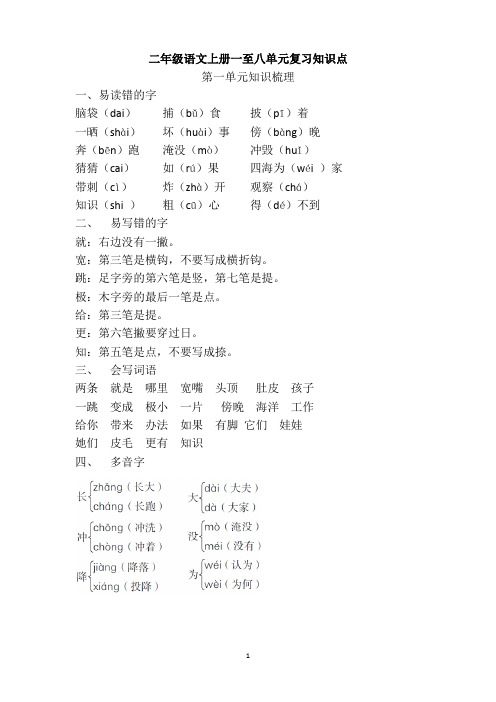 二年级语文上册第一至八单元重要知识点